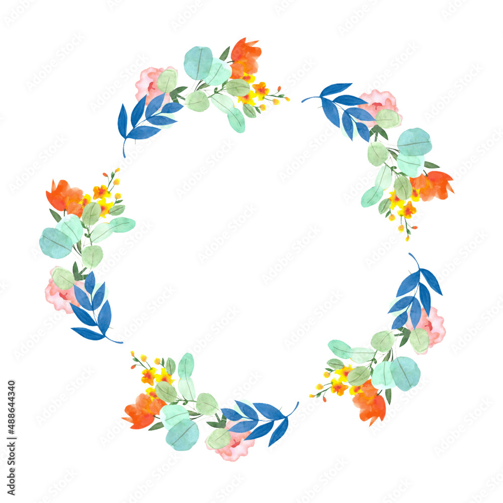 Watercolor frame of flower flowers and leaves on a white background