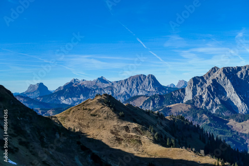 Panoramic view on mount Kaiserschild from mount Eisenerzer Reichenstein in Styria, Austria, Europe. Austrian Alps. Rocky and bare mountain ridges of Ennstal Alps. Hiking trail, Wanderlust. Sunny day
