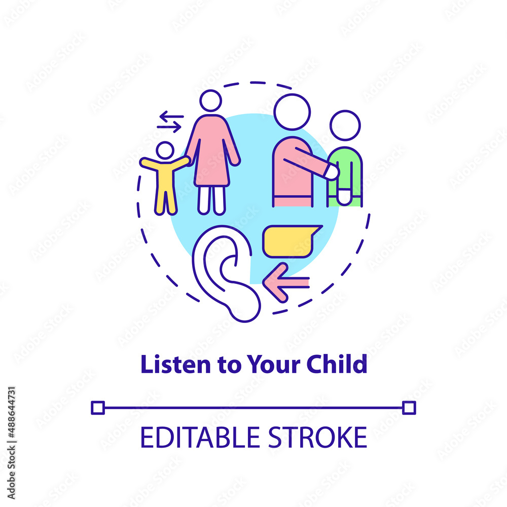 Listen to your child concept icon. Tips for parents. Conduct disorder abstract idea thin line illustration. Isolated outline drawing. Editable stroke. Arial, Myriad Pro-Bold fonts used