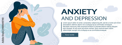 Anxiety and depression website banner. Sad woman. Cyber bullying. Online abuse concept. Teenager sitting on the floor and crying. Vector illustration in flat cartoon style.
