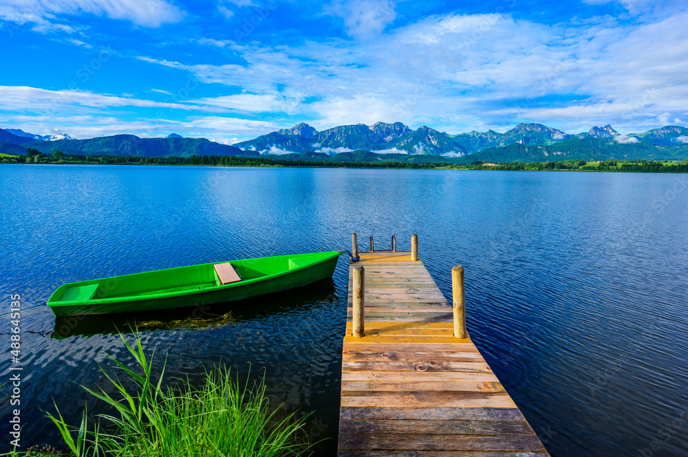 Naklejka premium Lake Hopfensee near Fuessen - View of Allgaeu Alps, Bavaria, Germany - paradise travel destination