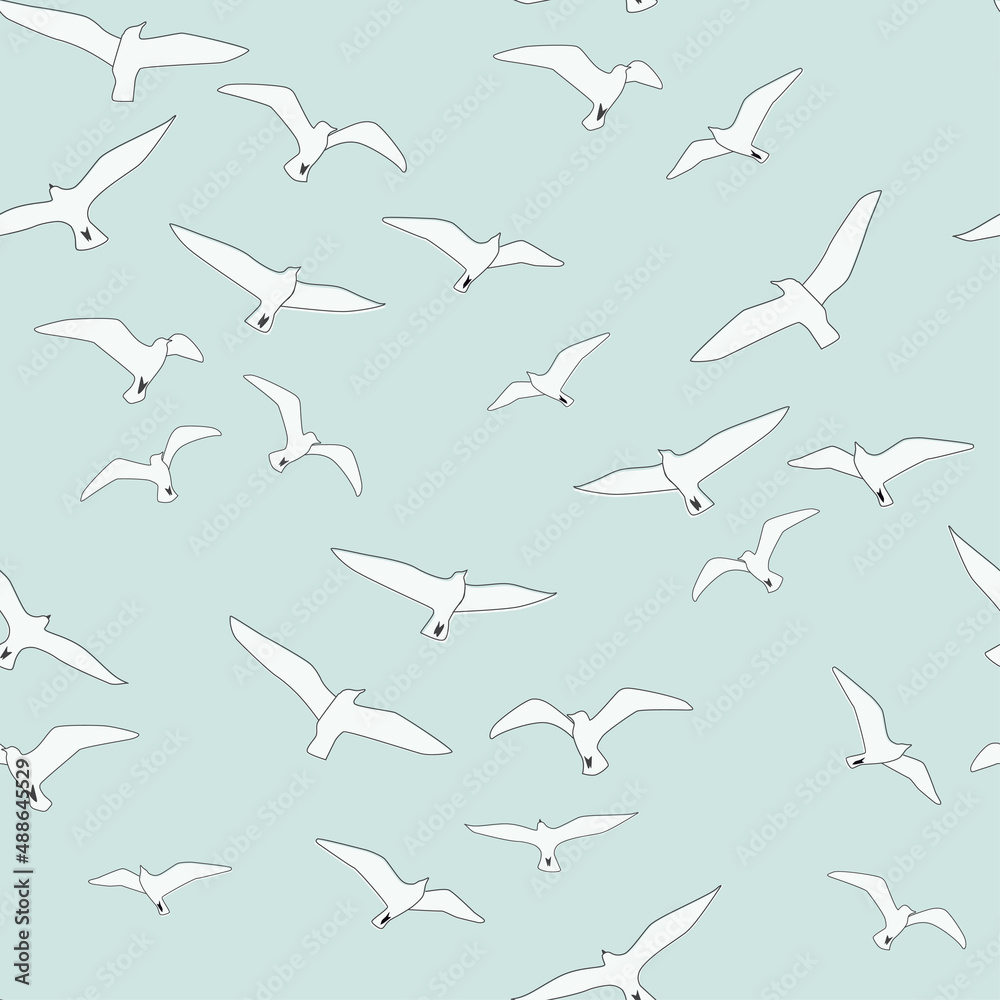 Naklejka premium Seamless pattern with flying birds. A flock of seagulls soaring in the sky. Vector graphics.