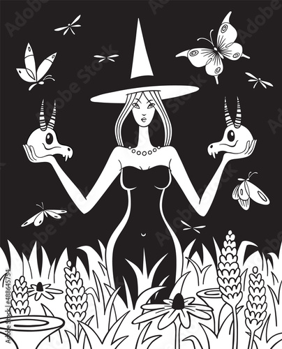 Gothic occult beautiful Witch holding two horned animal skulls surrounded by butterflies and dragonflies drawn in pen and ink black and white technique.