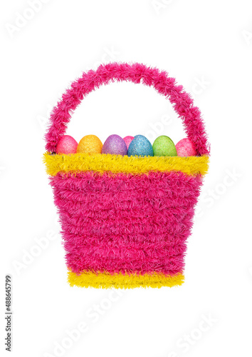 Decorative wicker basket with colorful Easter eggs on a white background. Easter.