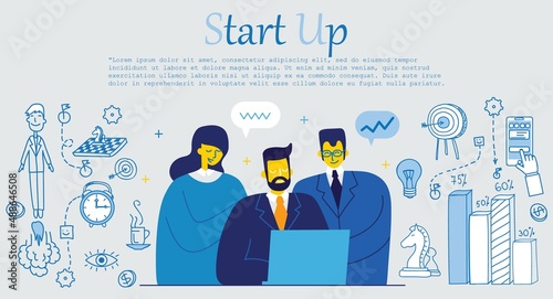 Start up team with laptops and light bulb. Marketing team metrics, marketing team lead and responsibilities concept on white background.