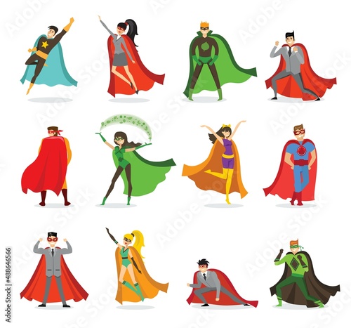 Vector illustrations in flat design of set of business , eco and classic Superheroes