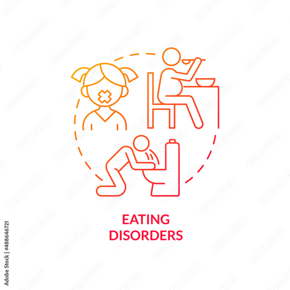 Eating disorders red gradient concept icon. Identifying teenager mental illness abstract idea thin line illustration. Abnormal eating behavior. Isolated outline drawing. Myriad Pro-Bold font used