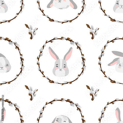 Easter pussy willow wreath and bunny seamless pattern. Spring branches vignette with rabbits, hares holiday texture. Happy Easter background. Fluffy willow vector design for textile, wallpaper, print
