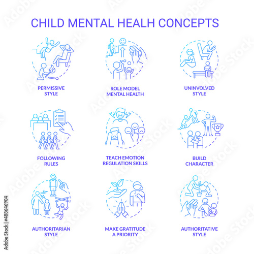 Child mental health blue gradient concept icons set. Build character idea thin line color illustrations. Teach emotion regulation skills. Isolated symbols. Roboto-Medium, Myriad Pro-Bold fonts used