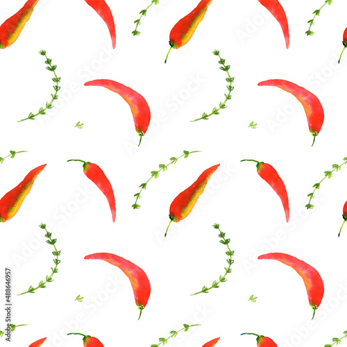 Watercolor red chili peppers and thyme herb seamless pattern. Hand drawn mage for fabric, textile, fashion, packaging , wallpaper print. Fresh modern texture, bright colors. White background.
