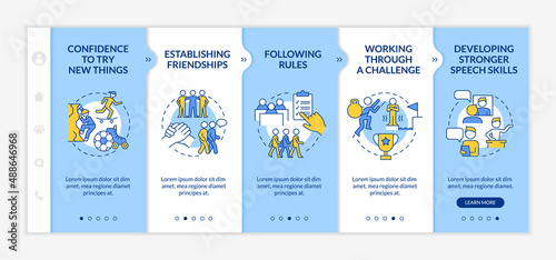 Signs of healthy child development blue and white onboarding template. Responsive mobile website with linear concept icons. Web page walkthrough 5 step screens. Lato-Bold, Regular fonts used