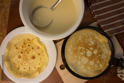 Pancake week. Preparation of dough for baking delicious and ruddy pancakes from the ingredients eggs, flour, butter and milk. Maslenitsa traditional Russian festival meal.