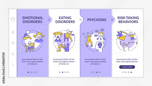 Teen disorders purple and white onboarding template. Risk-taking behaviors. Responsive mobile website with linear concept icons. Web page walkthrough 4 step screens. Lato-Bold, Regular fonts used