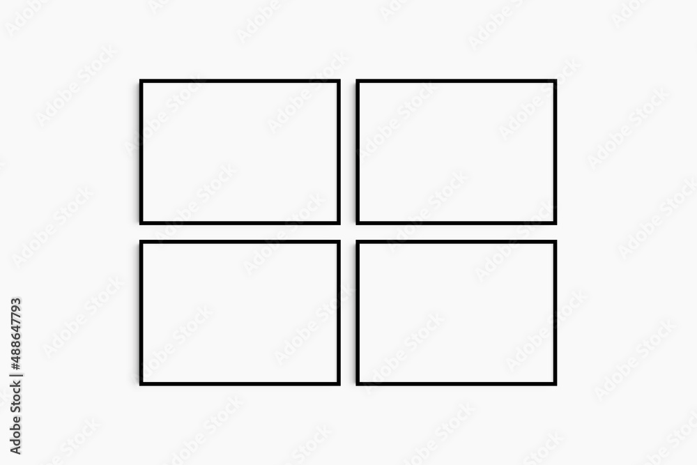 Horizontal frame mockup 7:5, 70x50, A4, A3, A2, A1 landscape. Set of four thin black frames. Gallery wall mockup, set of 4 frames. Clean, modern, minimalist, bright. Horizontal frame mockup 7:5, 70x50, A4, A3, A2, A1 landscape. Set of four thin black frames. Gallery wall mockup, set of 4 frames. Clean, modern, minimalist, bright.