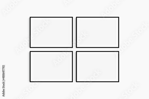 Horizontal frame mockup 7:5, 70x50, A4, A3, A2, A1 landscape. Set of four thin black frames. Gallery wall mockup, set of 4 frames. Clean, modern, minimalist, bright. Mat opening 3:2.