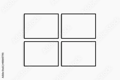 Horizontal frame mockup 7:5, 70x50, A4, A3, A2, A1 landscape. Set of four thin black frames. Gallery wall mockup, set of 4 frames. Clean, modern, minimalist, bright.