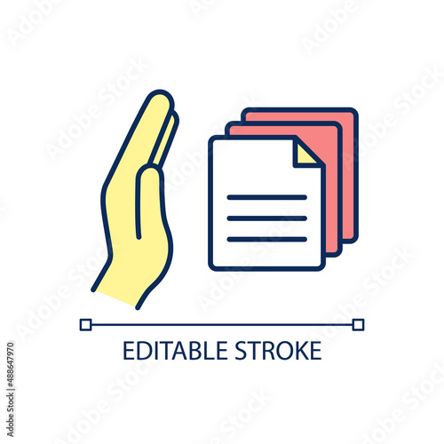 Decline documents RGB color icon. Papers inspection and analysis. Disagreement. Contract rejection. Isolated vector illustration. Simple filled line drawing. Editable stroke. Arial font used
