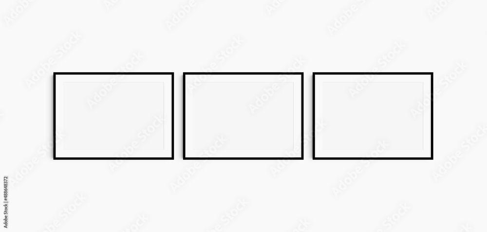 Horizontal frame mockup 7:5, 70x50, A4, A3, A2, A1 landscape. Set of three thin  black frames. Gallery wall mockup, set of 3 frames. Clean, modern,  minimalist, bright. Mat opening 3:2. Stock Illustration | Adobe Stock