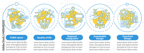Principles of urban design blue circle infographic template. Data visualization with 5 steps. Process timeline info chart. Workflow layout with line icons. Myriad Pro-Bold, Regular fonts used
