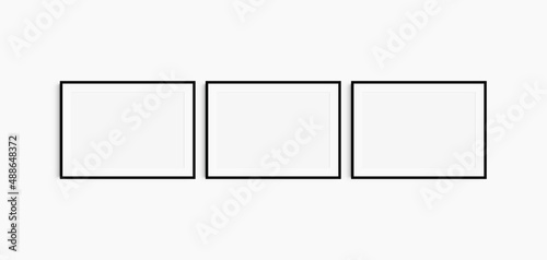 Horizontal frame mockup 7:5, 70x50, A4, A3, A2, A1 landscape. Set of three thin black frames. Gallery wall mockup, set of 3 frames. Clean, modern, minimalist, bright. Mat opening 3:2.