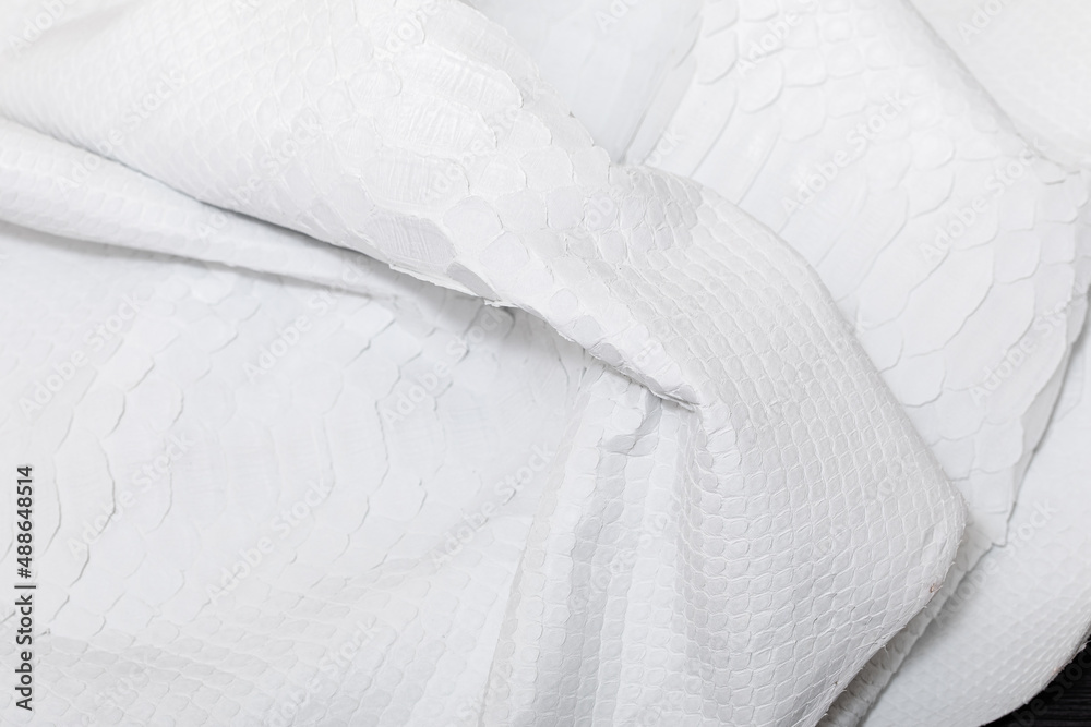 Obraz premium white genuine natural python leather on the wooden table 