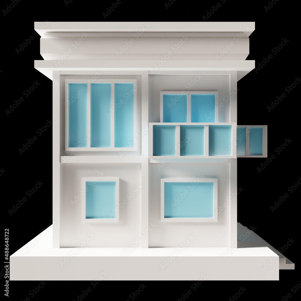 White building or modern style 2-floor house model. Architecture, low poly side 3d rendering. Blue window. White building or modern style 2-floor house model. Architecture, low poly side 3d rendering. Blue window.