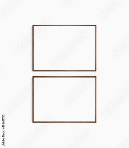Horizontal frame mockup 7:5, 70x50, A4, A3, A2, A1 landscape. Set of two thin dark brown walnut wood frames. Gallery wall mockup, set of 2 frames. Clean, modern, minimalist, bright. Mat opening 3:2.