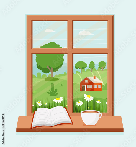 Spring window with landscape with a book and a coffee cup on the sill. Vector illustration in flat style