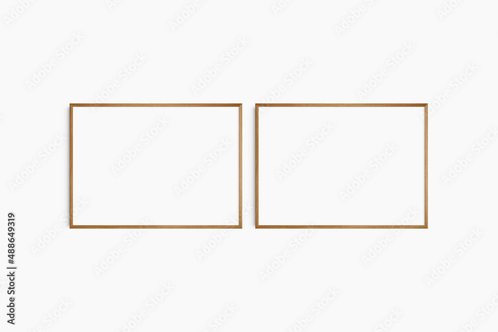Horizontal frame mockup 7:5, 70x50, A4, A3, A2, A1 landscape. Set of two thin cherry wood frames. Gallery wall mockup, set of 2 frames. Clean, modern, minimalist, bright. Horizontal frame mockup 7:5, 70x50, A4, A3, A2, A1 landscape. Set of two thin cherry wood frames. Gallery wall mockup, set of 2 frames. Clean, modern, minimalist, bright.
