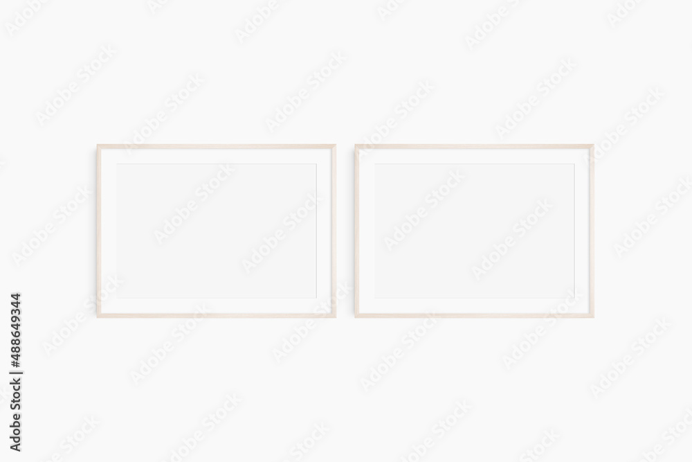 Horizontal frame mockup 75, 70x50, A4, A3, A2, A1 landscape. Set of two thin light wood frames