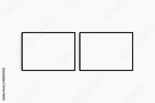 Horizontal frame mockup 7:5, 70x50, A4, A3, A2, A1 landscape. Set of two thin black frames. Gallery wall mockup, set of 2 frames. Clean, modern, minimalist, bright.