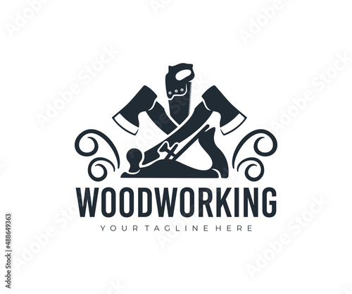 Woodworking, hand saw, axes and planer, logo design. Construction, building, carpentry and  joiner, vector design and illustration