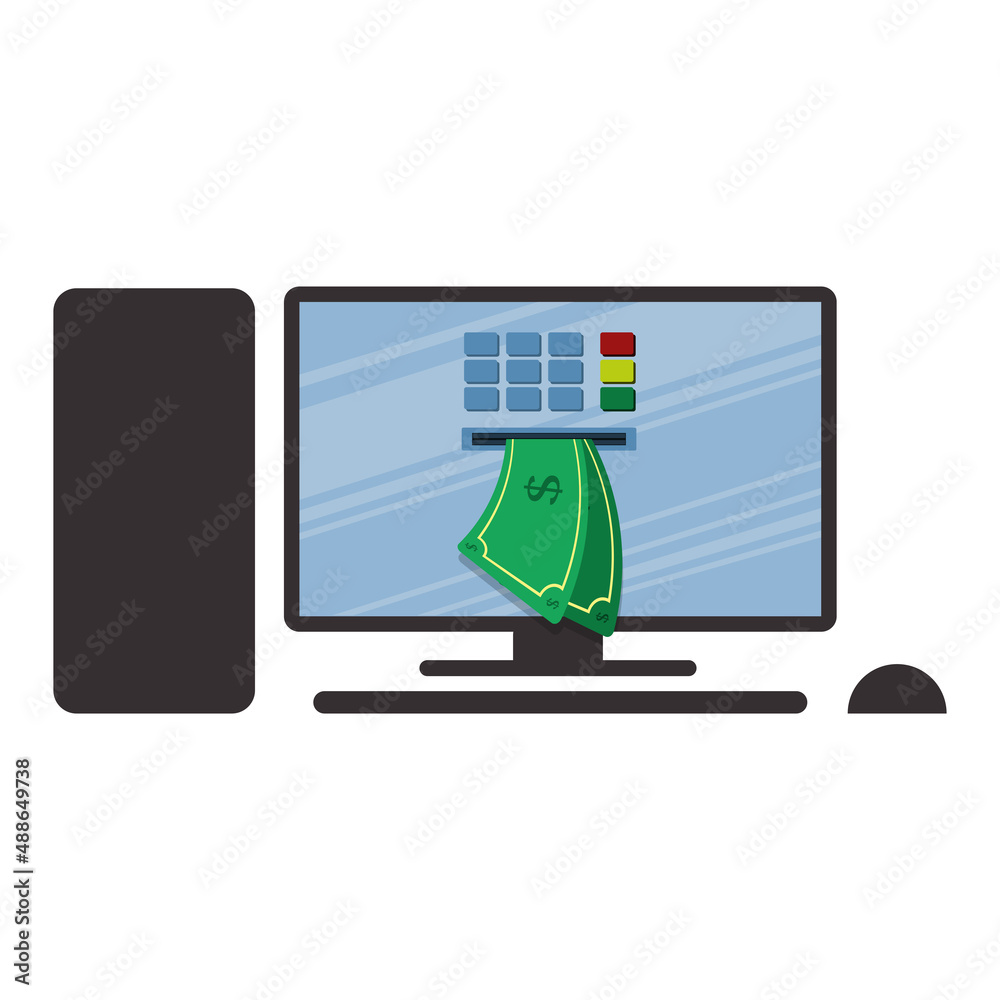 Withdraw money from PC. money coming out of the screen. atm machine on personal computer. Withdraw money from PC. money coming out of the screen. atm machine on personal computer.