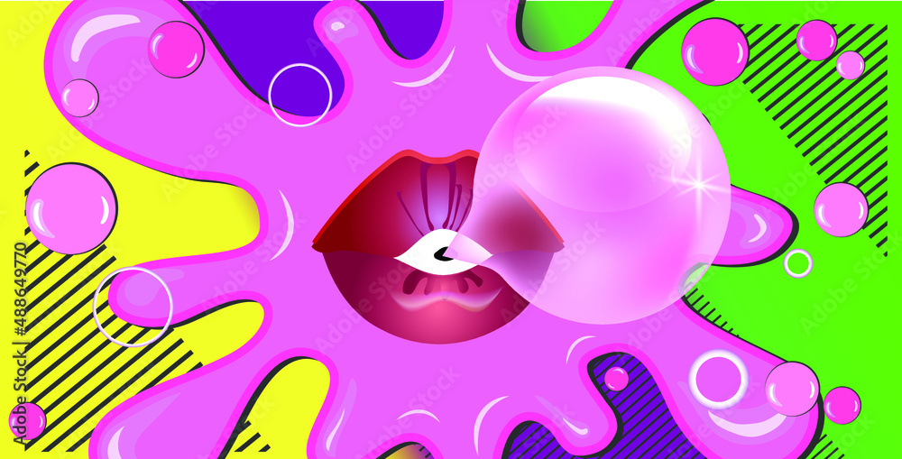 Multicolored background with lips , gum bubbles in a retro style