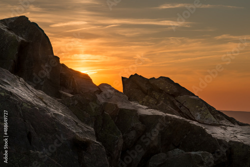 Rock formation at the summit of the Wolfwarte in the Harz Mountains at sunset