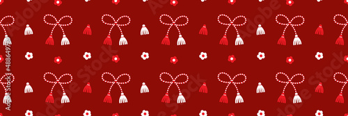 Wide horizontal vector seamless pattern background with martisor talismans, gifts, traditional accessories and flowers for Martisor celebration design.