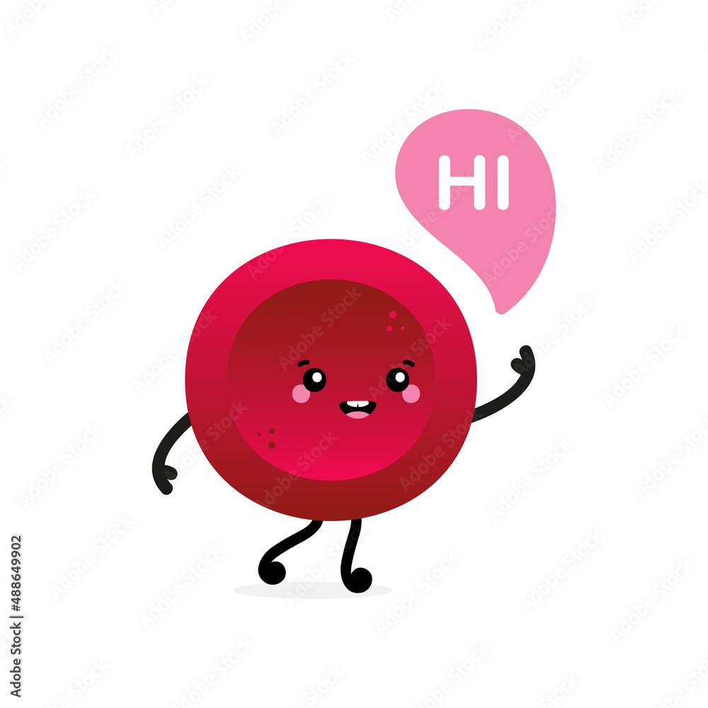 Fototapeta premium Cute cartoon style red blood cell, erythrocyte character with speech bubble saying hi, hello. 