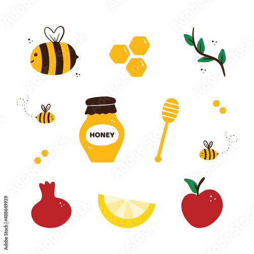 Set, collection of cute cartoon style icons for summer design with bees, honey and fresh fruits.
