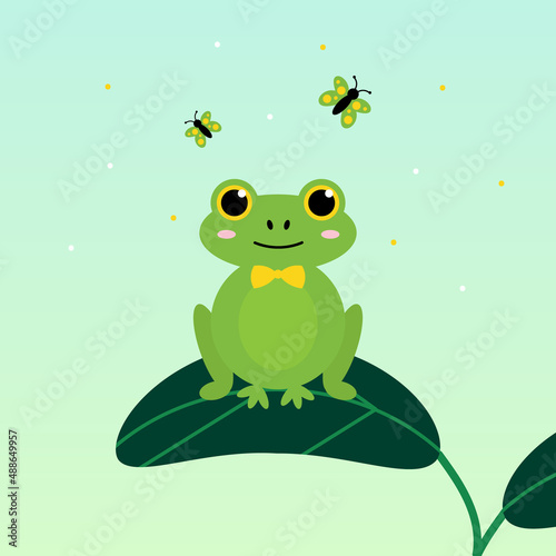 Vector cartoon style illustration with cute frog character sitting on a green leaf and watching butterflies. 