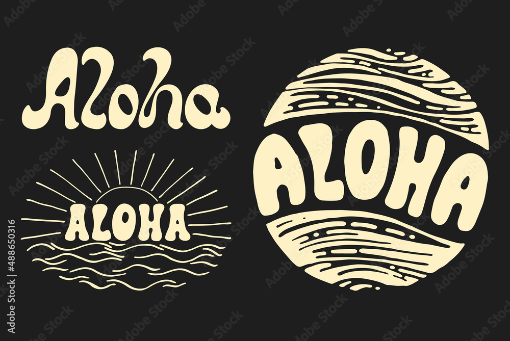 Aloha surfing lettering. Vector calligraphy illustration - obrazy, fototapety, plakaty 