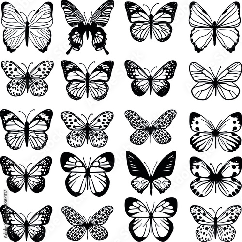 Set of butterflies. Vector illustration. Isolated silhouettes of insects.