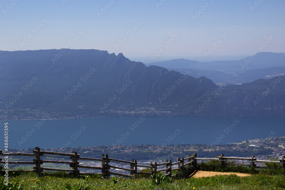 Mountain panoramic landscape with lac Bourget and Dent du Chat mont Savoie region france
