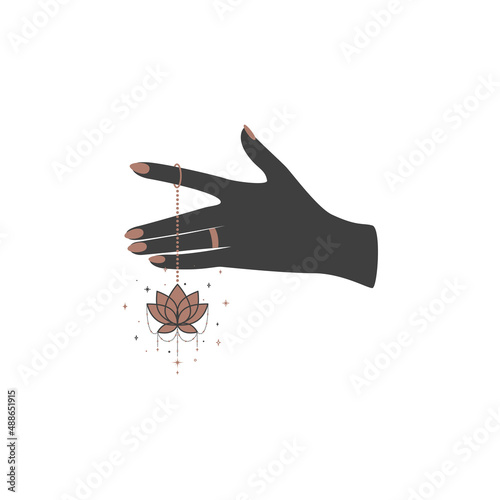 Magic hand with celestial lotus flower in trendy boho style. Black and gold colored alchemy spiritual symbol for branding name and logo. Esoteric and mystical Vector illustration