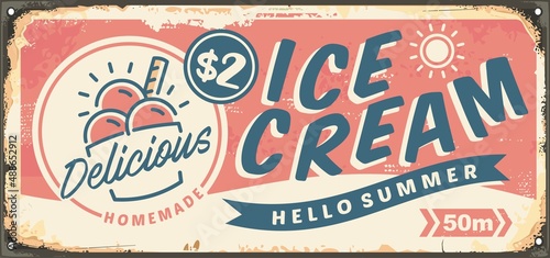 Ice cream retro sign template on pink background. Vintage icecream advertisement. Vector food illustration.