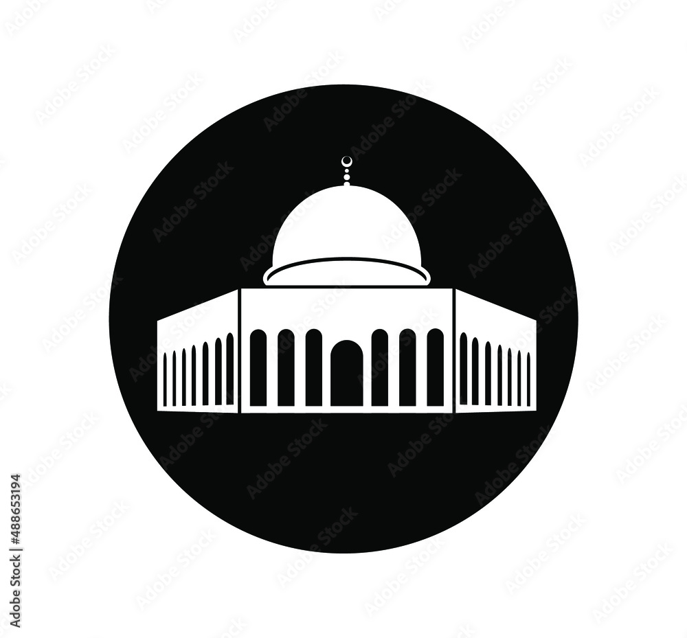 Al Aqsa Mosque vector icon. Al Aqsa Mosque in Jerusalem vector symbol on black round.