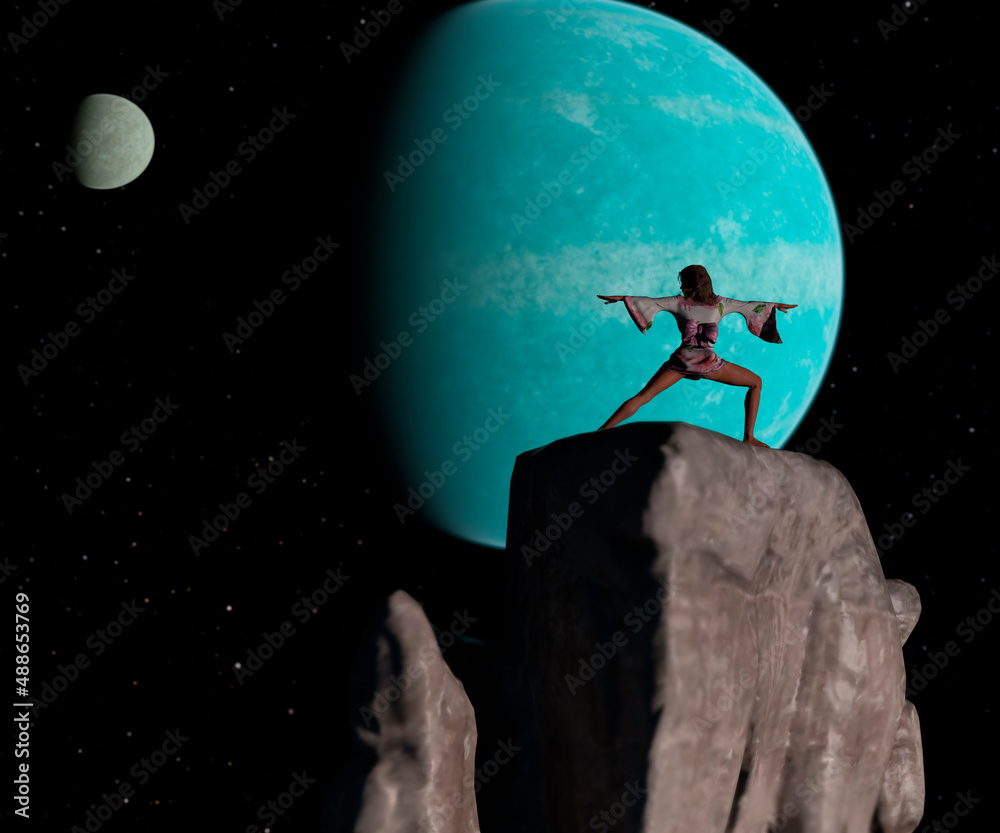 Night sky with stars, a big blue planet, and a woman practicing yoga.