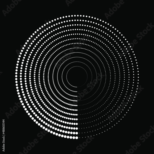 White vector dotted radial circles. Trendy design element for border frame, round logo, blackout tattoo, sign, symbol, web pages, prints, template, pattern, abstract background