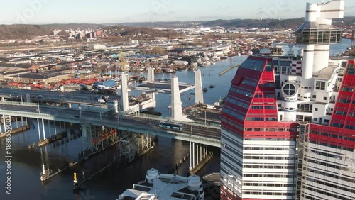 Gotaalvbron or Gota alv Bridge and Lilla Bommen building at Gothenburg, Sweden. Aerial circling photo