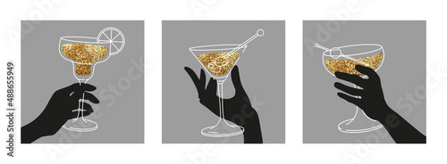 Set of woman’s hands holding cocktail glasses. Flat illustration for greeting cards, postcards, invitations, menu design. Outline drawing template with golden glitter