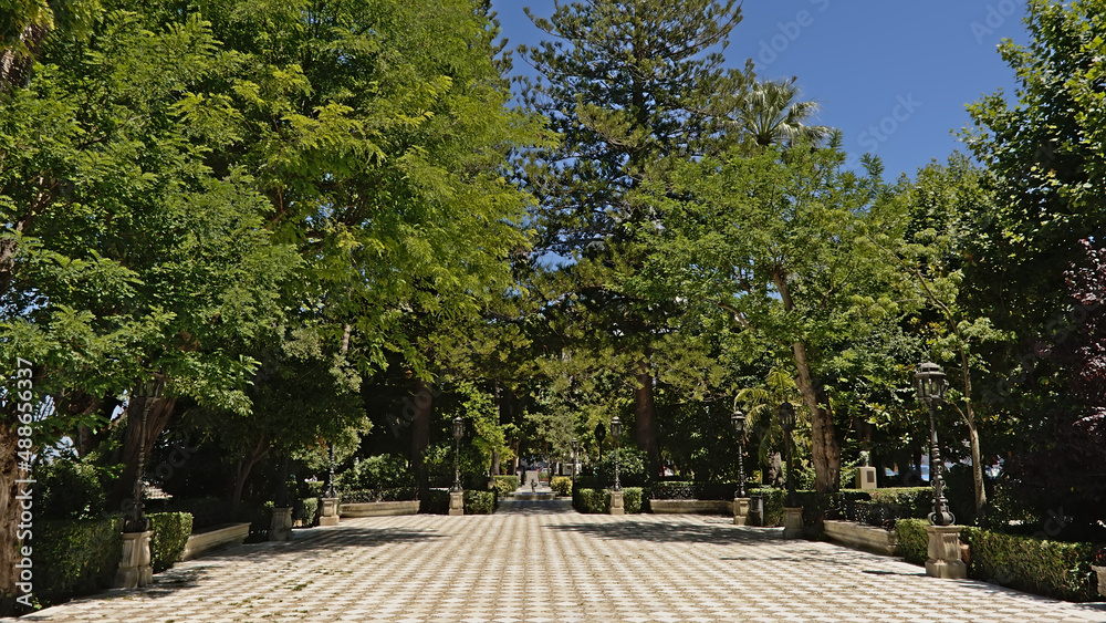 Square with chess board black and white tiles and old trees in a city park in cadiz 